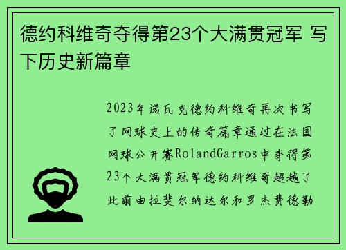 德约科维奇夺得第23个大满贯冠军 写下历史新篇章